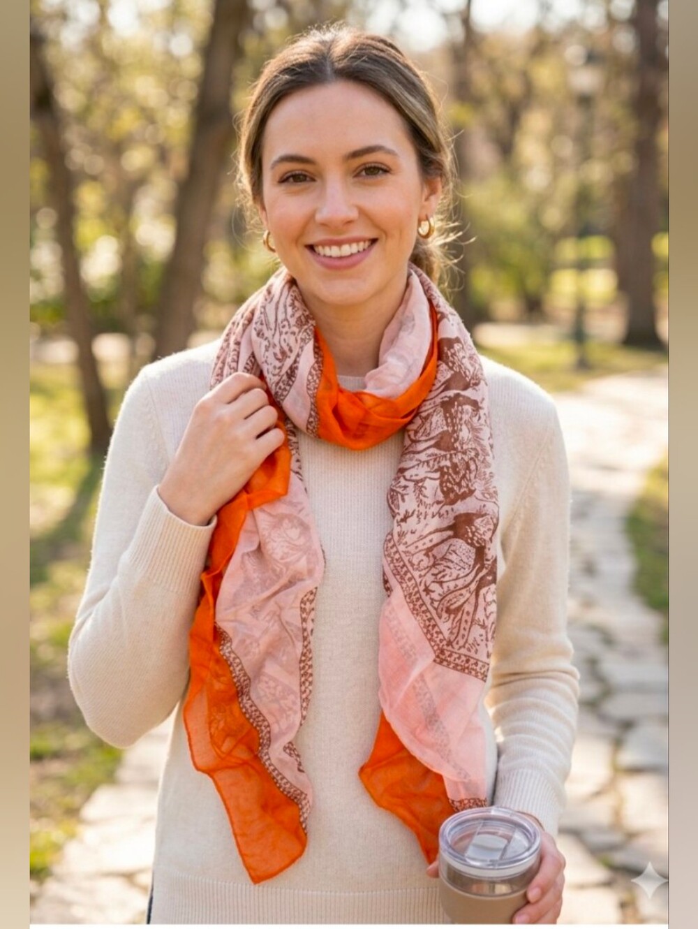 Pink Orange Brown Deer Medallion Toile De Jouy Print Scarf Wrap Shawl